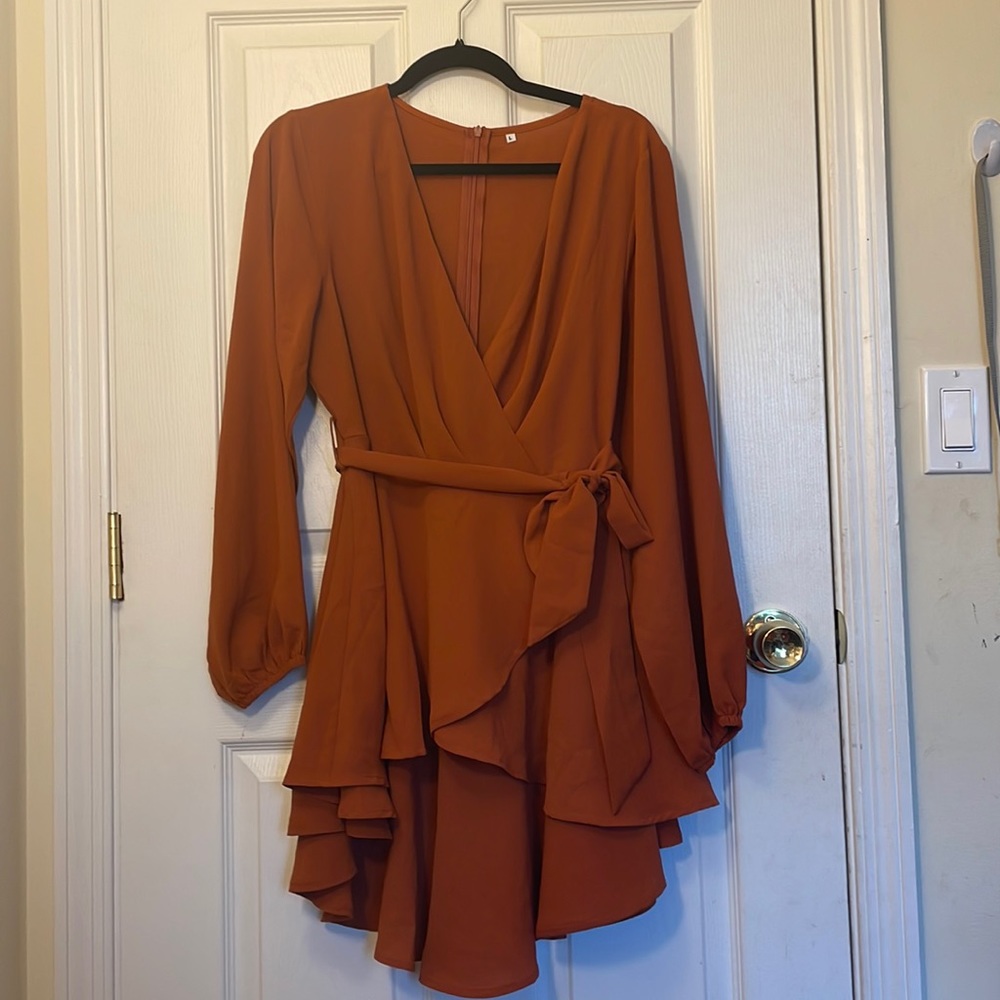 Rust Colored Layered Classy Dress with Bow, Size Large